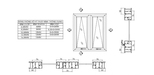 Bản vẽ CAD cửa sổ nhôm kính Xingfa hệ 55 mở lật