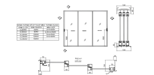 Bản vẽ CAD cửa nhôm kính Xingfa hệ 93 mở trượt 3 cánh