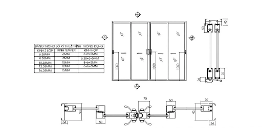 Bản vẽ CAD cửa nhôm kính Xingfa hệ 93 mở trượt 4 cánh
