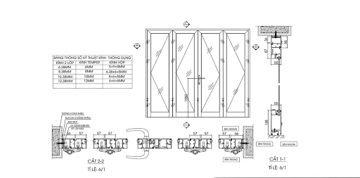 Bản vẽ CAD cửa nhôm kính Xingfa 4 cánh
