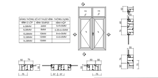 Bản vẽ CAD cửa sổ nhôm kính Xingfa hệ 55 mở quay